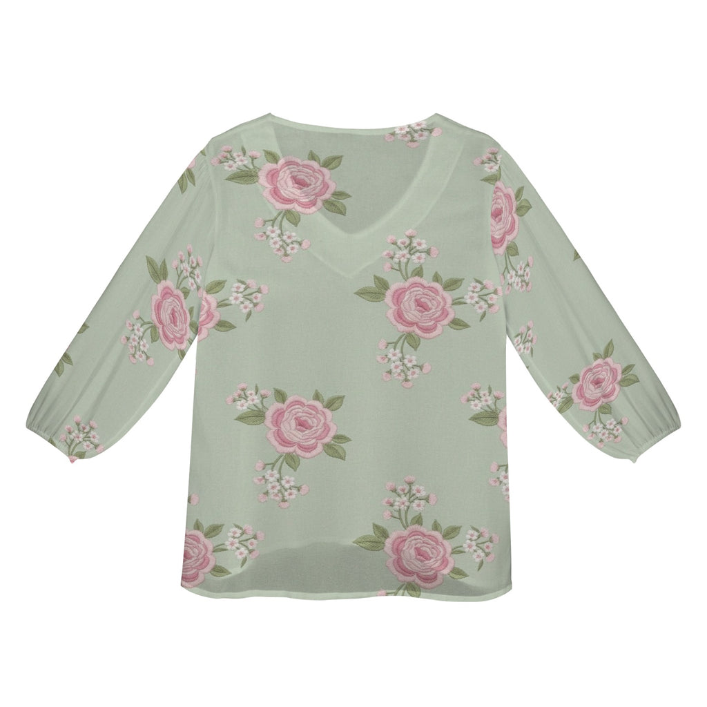 Rich and Rich Pink and Mint Green Floral Puff Sleeve Women's Blouse on white background