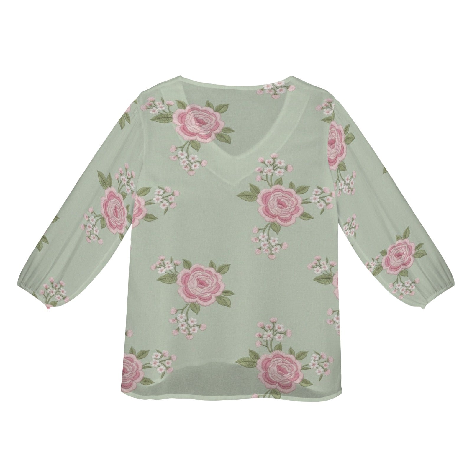 Rich and Rich Pink and Mint Green Floral Puff Sleeve Women's Blouse on white background