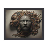 Small framed faces painting on wood framework with textured earthy tones, 15.7 x 11.8 inches