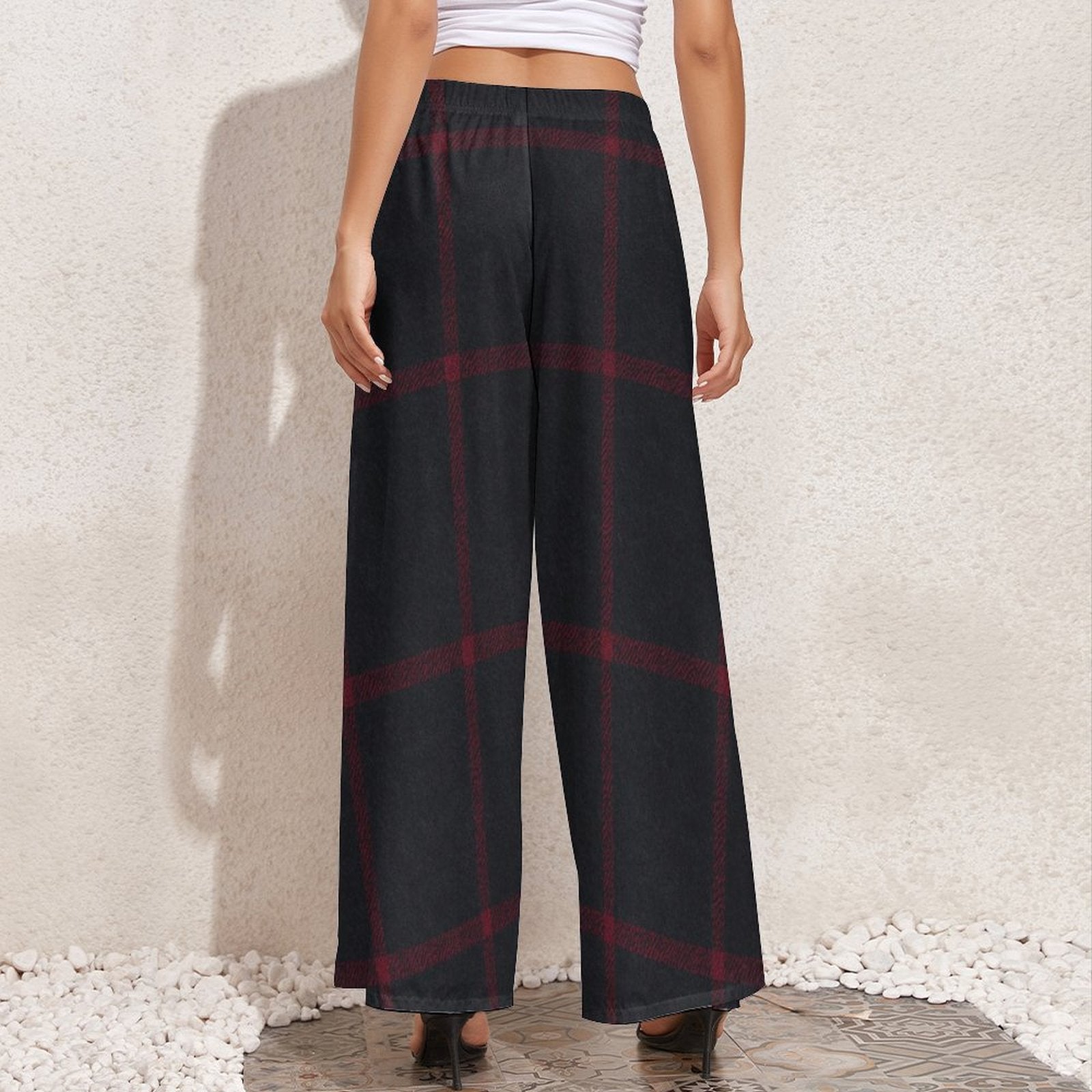 Women's red checker wide-leg pants with high waist and relaxed fit — alternate view
