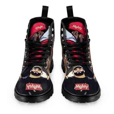 Red and black high-top men's canvas shoe with lace-up front and black gum rubber outsole — alternate view