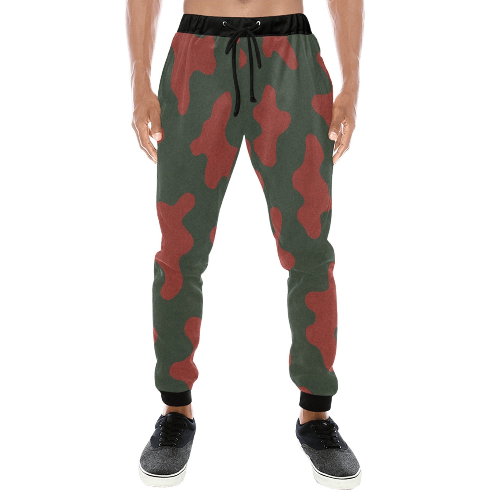 Men's red all-over camo print sweatpants with tapered legs and drawstring waist — alternate view
