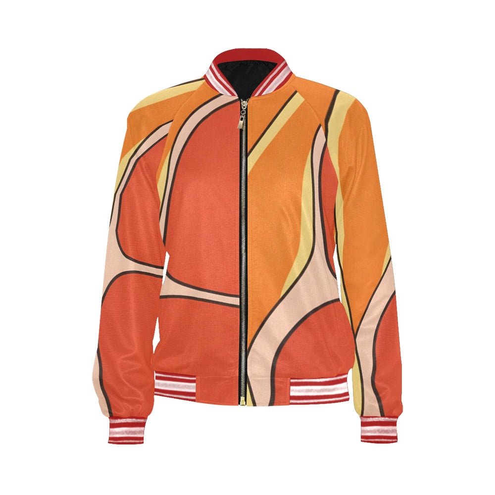 Orange abstract bomber jacket with canvas low-top shoes and a waterproof canvas tote with PU leather hand — additional view 6