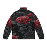 Men's black and red puffer jacket with bold rose floral print and front pockets — additional view 7