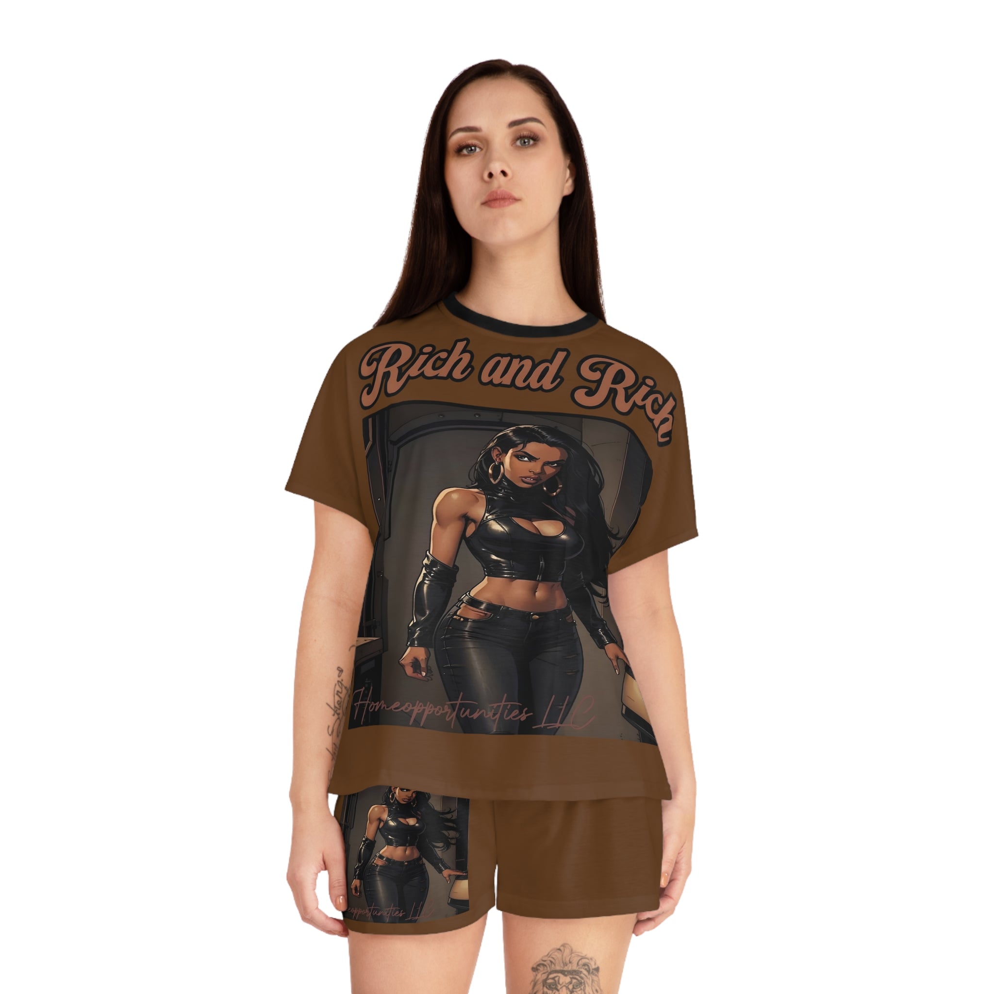Women's short brown pajama set with satin shorts and matching graphic top in relaxed fit — alternate view