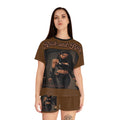 R&RH Luiiloviie women's brown short pajama set with satin shorts and graphic sleep shirt