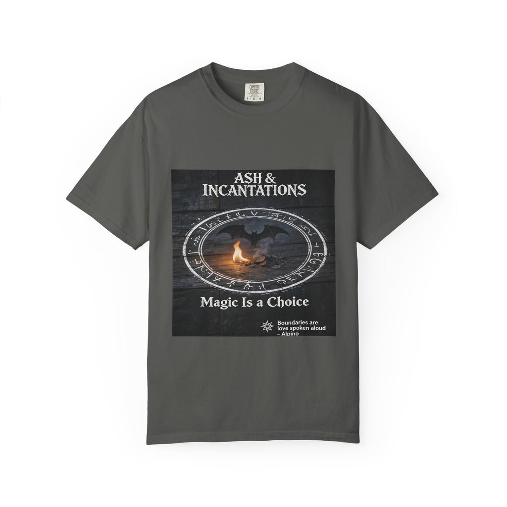 Magic Is a Choice T-Shirt in soft white with smoky altar print and mystical text