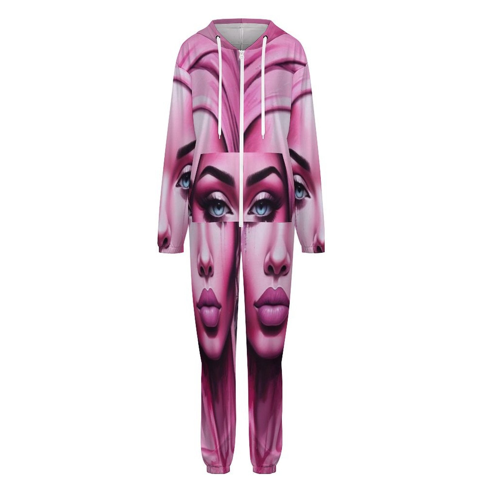 Pink one-piece zip-up hooded pajamas with pockets in soft imitation cotton fabric — additional view 6
