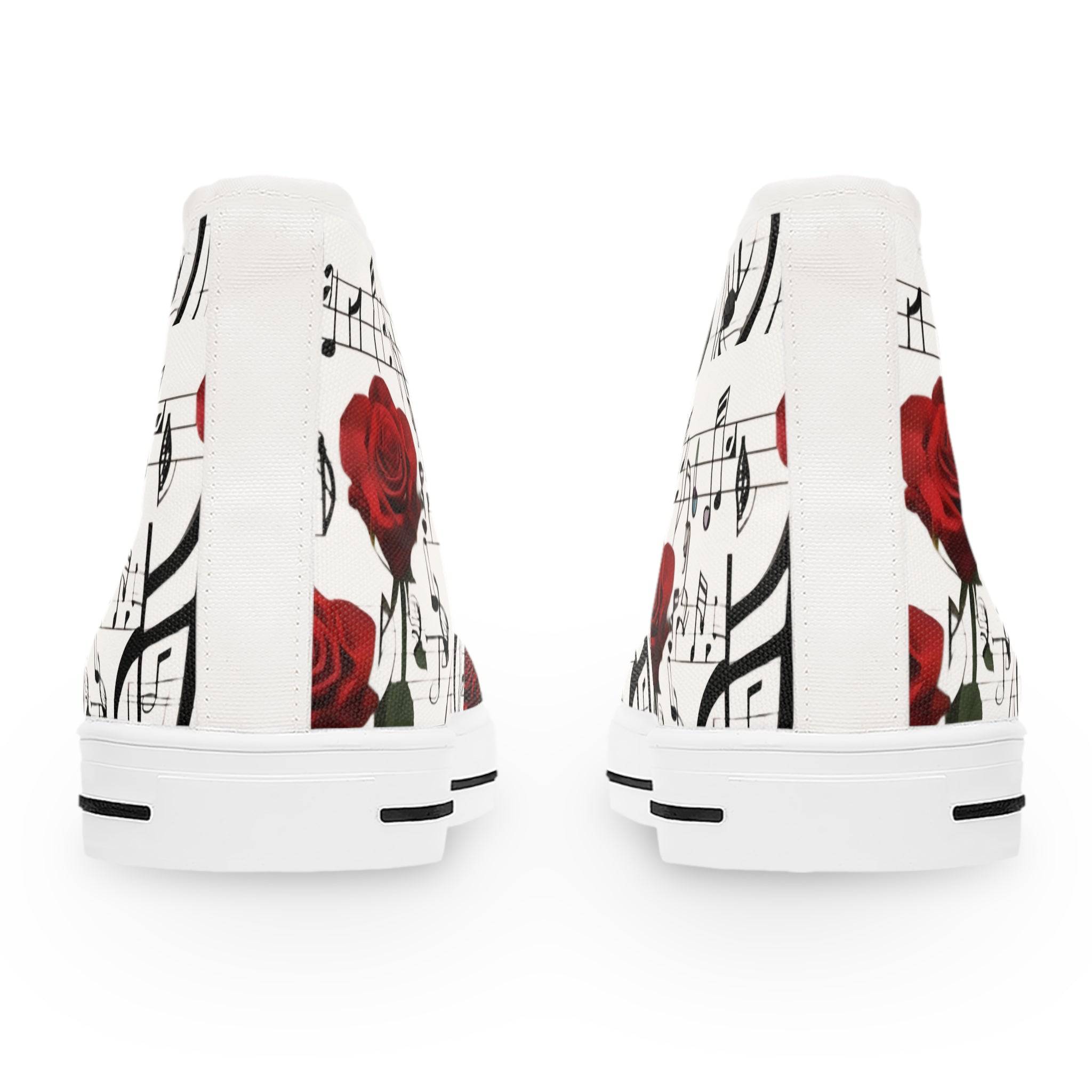 R&RH Women's High Top White Sneakers with Music Notes and Rose Design