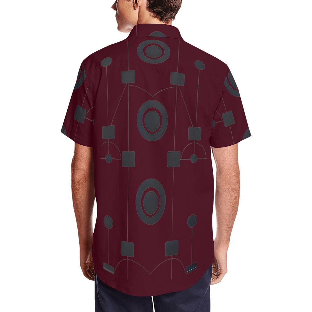 R&RH Burgancy Geometric Men's Short Sleeve Shirt with Lapel Collar Model T54