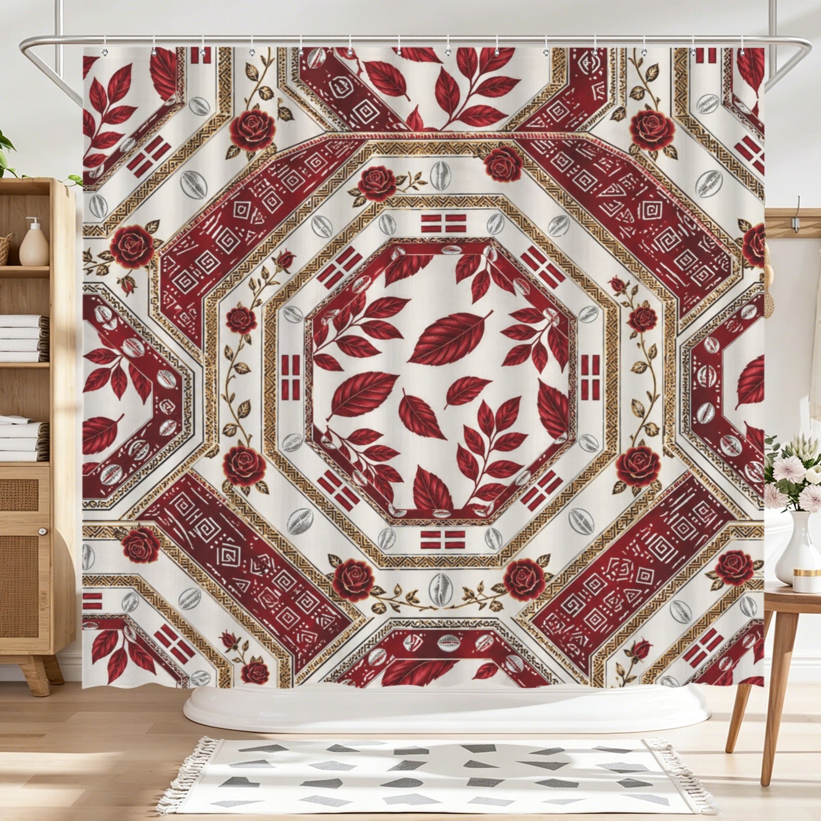 Shower curtain with Crimson Oasis design in crimson and ivory, reinforced metal grommets, 84 by 70.9 inches — alternate view