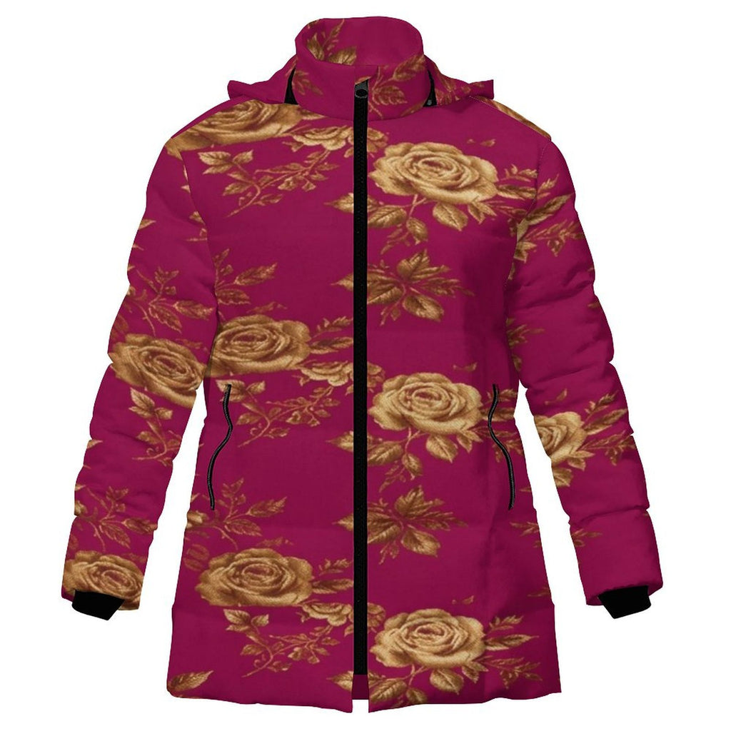 Rich and Rich Women's Fuschia with Gold Roses Hooded Puffer Coat