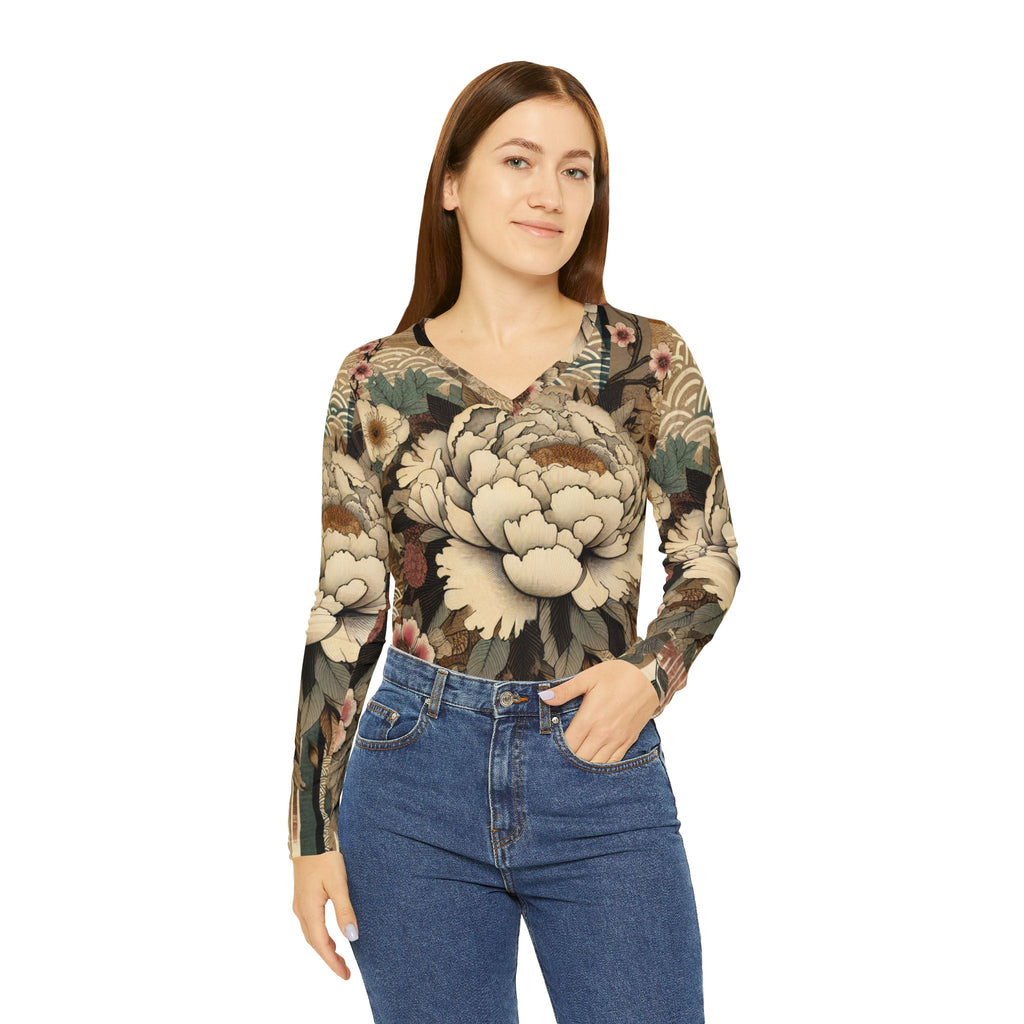 Elegant Floral V-neck Long Sleeve Shirt, Boho Chic Top, Art Tee, Nature-inspired Apparel, Unique Gift for Her