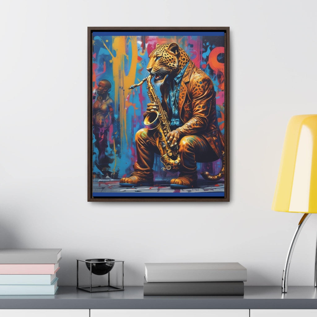 RRH Leopard Saxophone Player vertical canvas wall art with walnut frame