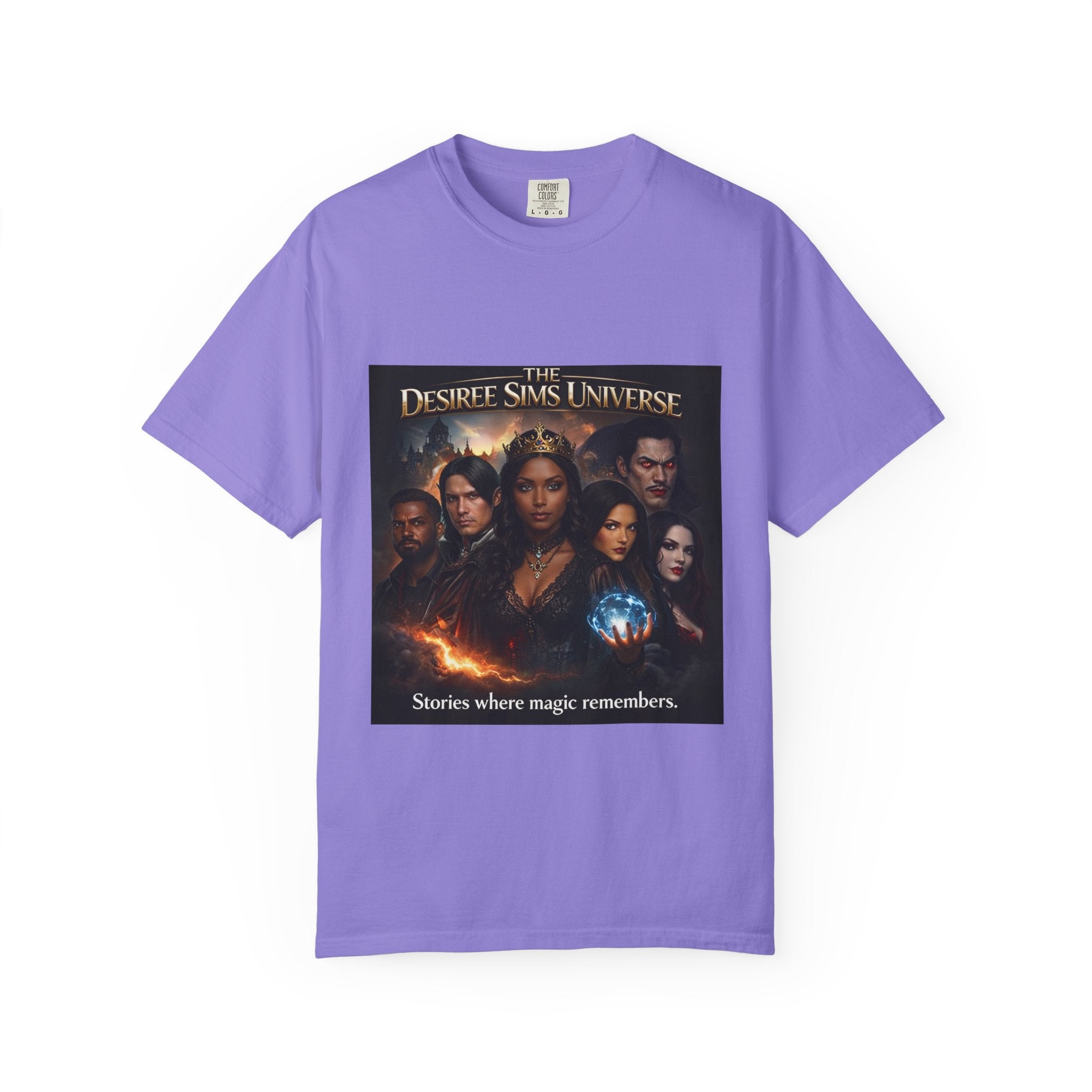 Desiree Sims Universe Fantasy Series Cast Poster T-shirt with cinematic magic print on garment-dyed fabric