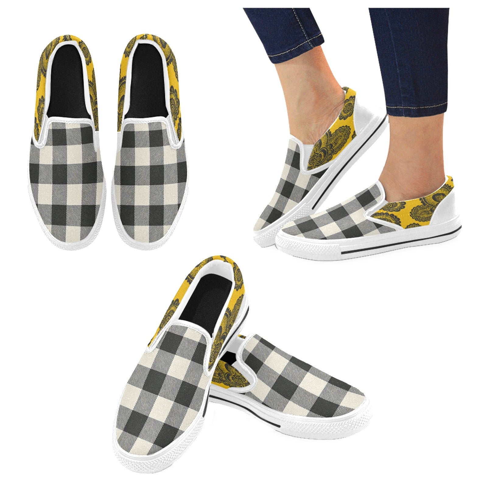 Men's yellow canvas slip-on shoe with abstract and checkerboard print — alternate view