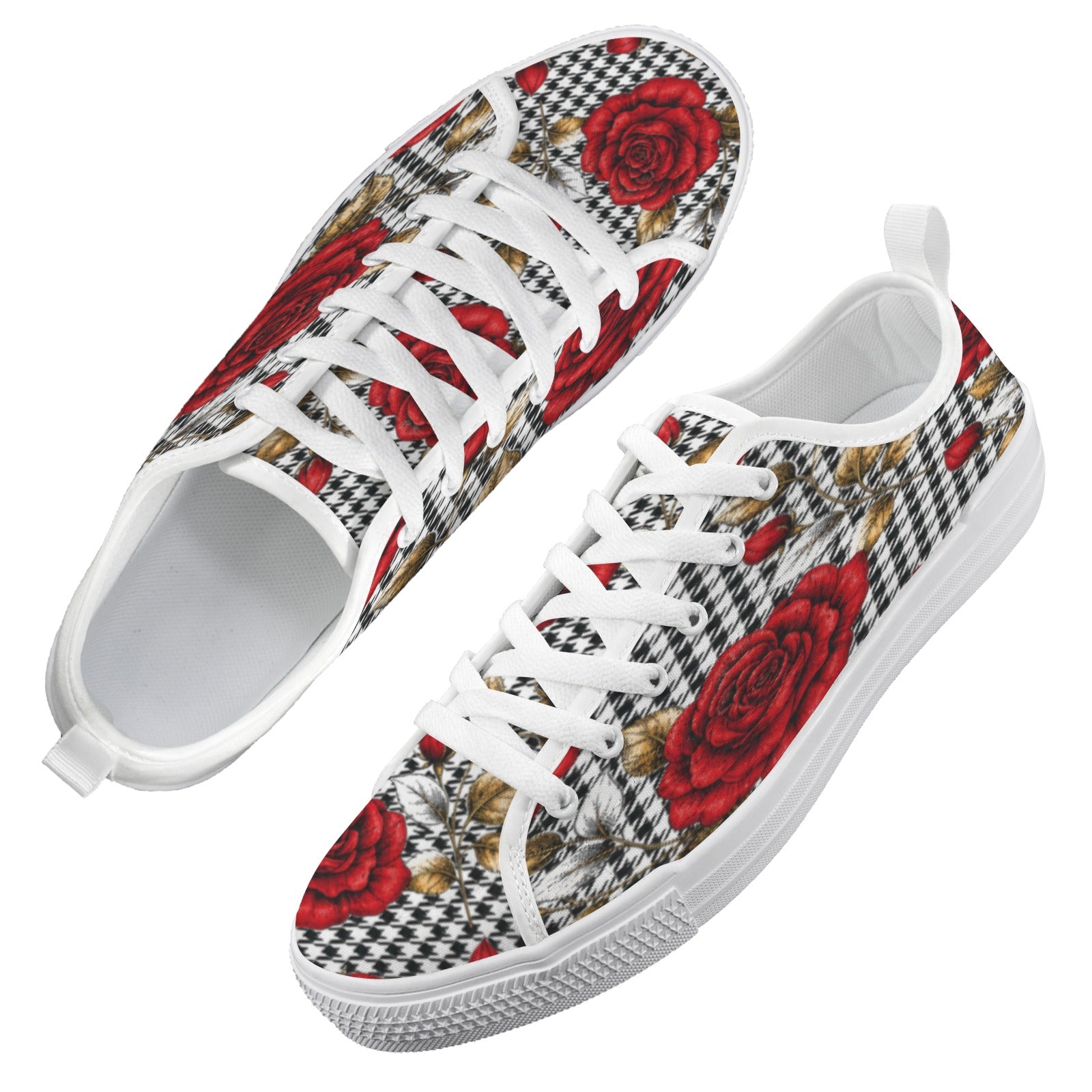 Low-top women's sneakers with red rose houndstooth print on nylon canvas and rubber outsole — additional view 14