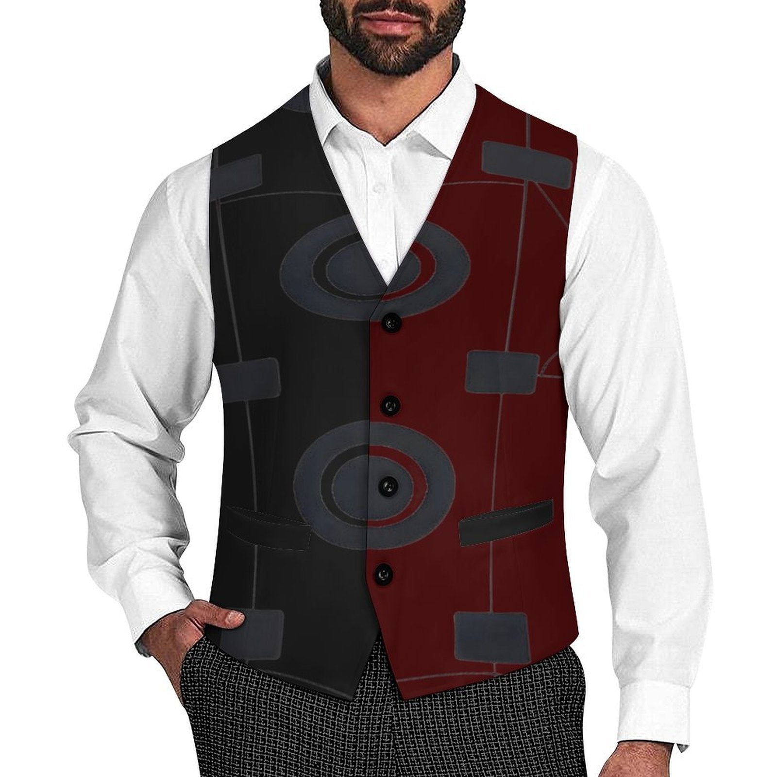 Men's sleeveless suit vest with V-neck, four-button closure, and front pockets