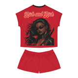 Women's short pajama set in vivid red all-over graphic print with elastic waistband — additional view 8
