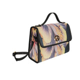 Black waterproof canvas handbag with exotic flower print and double PU leather handles — product detail