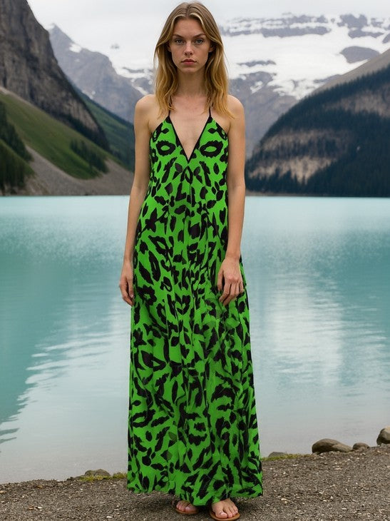 R&RH Green Abstract Women's Backless Halterneck Dress