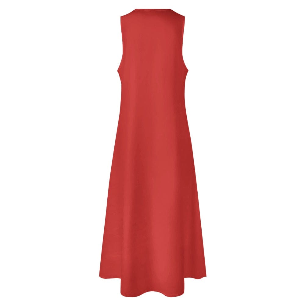 Sleeveless ankle-length red women's dress with slim fit and side pockets — alternate view