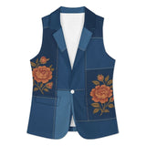 Blue floral geometric women's sleeveless blazer with turn-down collar and single-button closure — product detail