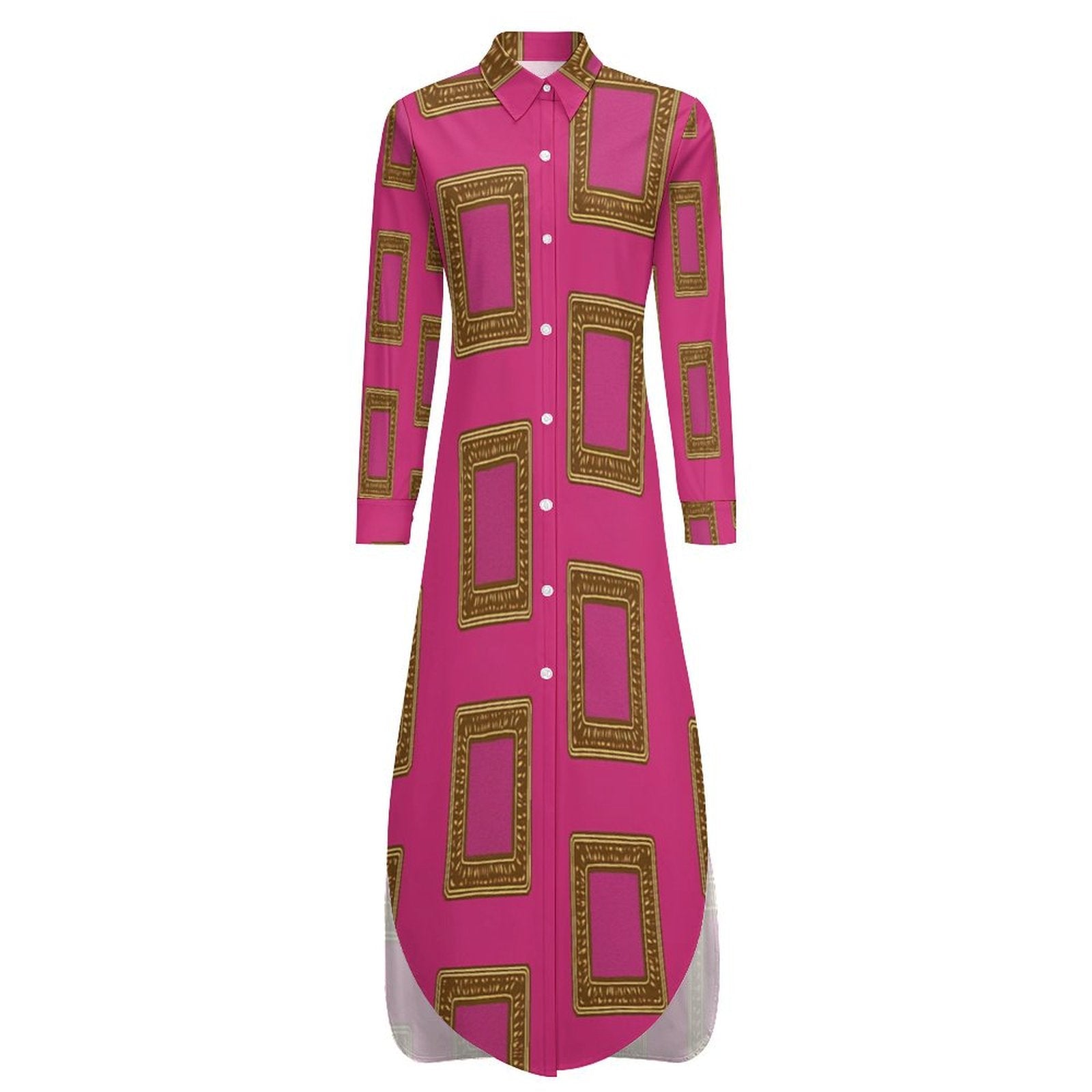 Pink long-sleeve button-up shirtdress with a split hem and relaxed long-shirt silhouette — additional view 7