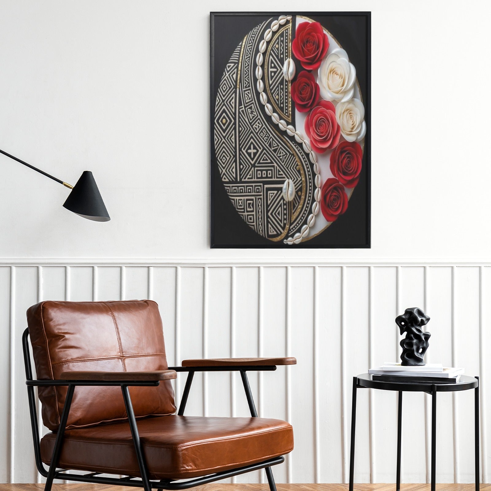 Black-framed canvas print with Crimson & Ivory Harmony tribal design and floral accents, 24 by 36 inches — alternate view