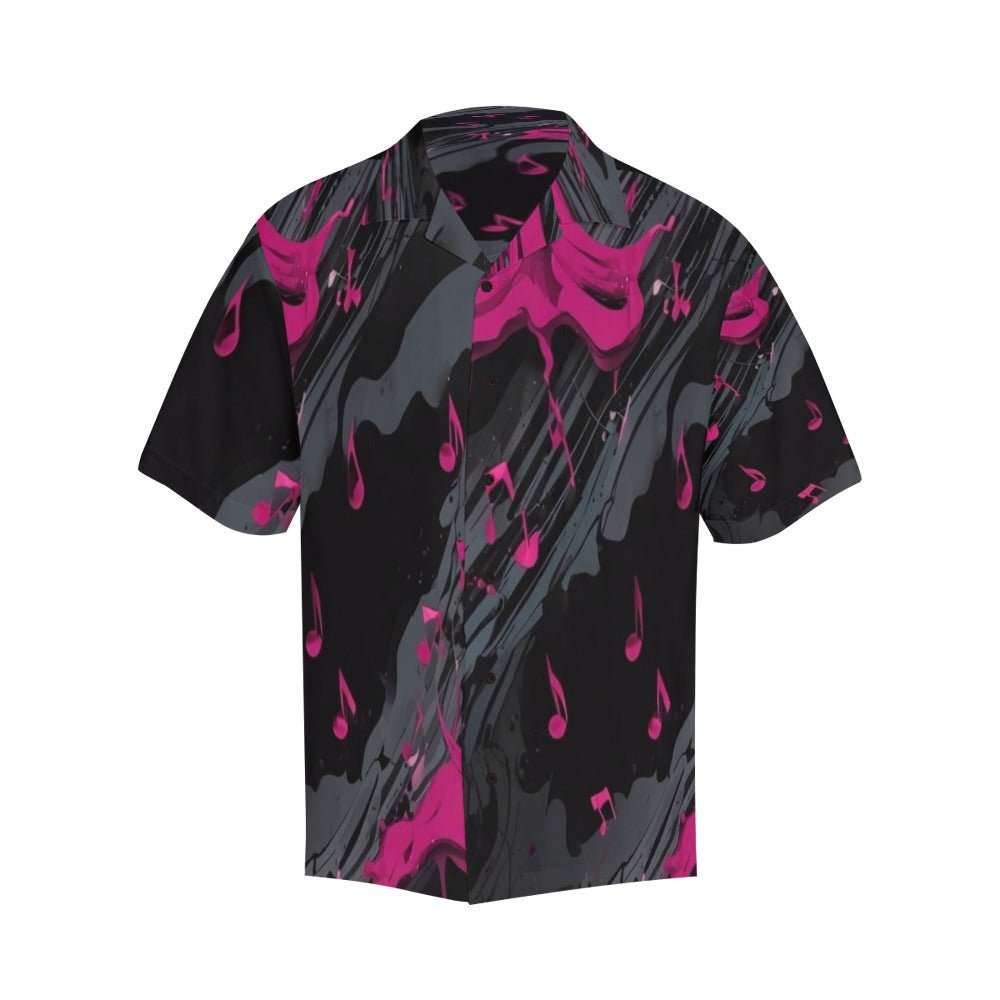 Magenta Hawaiian-style men's shirt with short sleeves and notch lapel collar in a graphic print — product detail