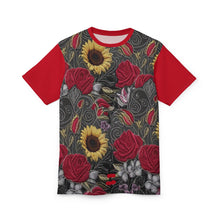 Load image into Gallery viewer, R&amp;RH Vibrant Floral Unisex Womens Red T-shirt - Perfect for Summer Celebrations
