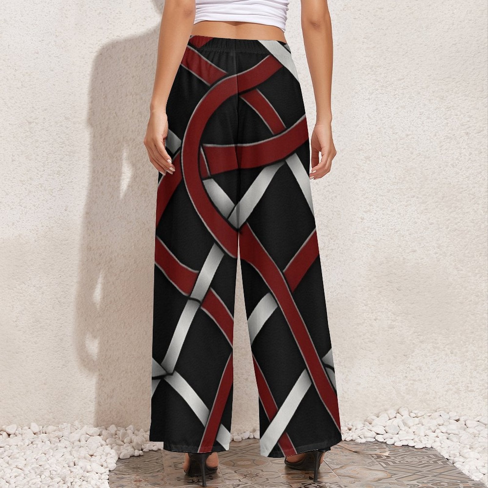 High-waisted red and gray wide-leg women's pants with relaxed silhouette — alternate view