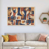 Abstract mosaic-style 1000-piece wooden puzzle featuring repeated colorful hand forms — rear view