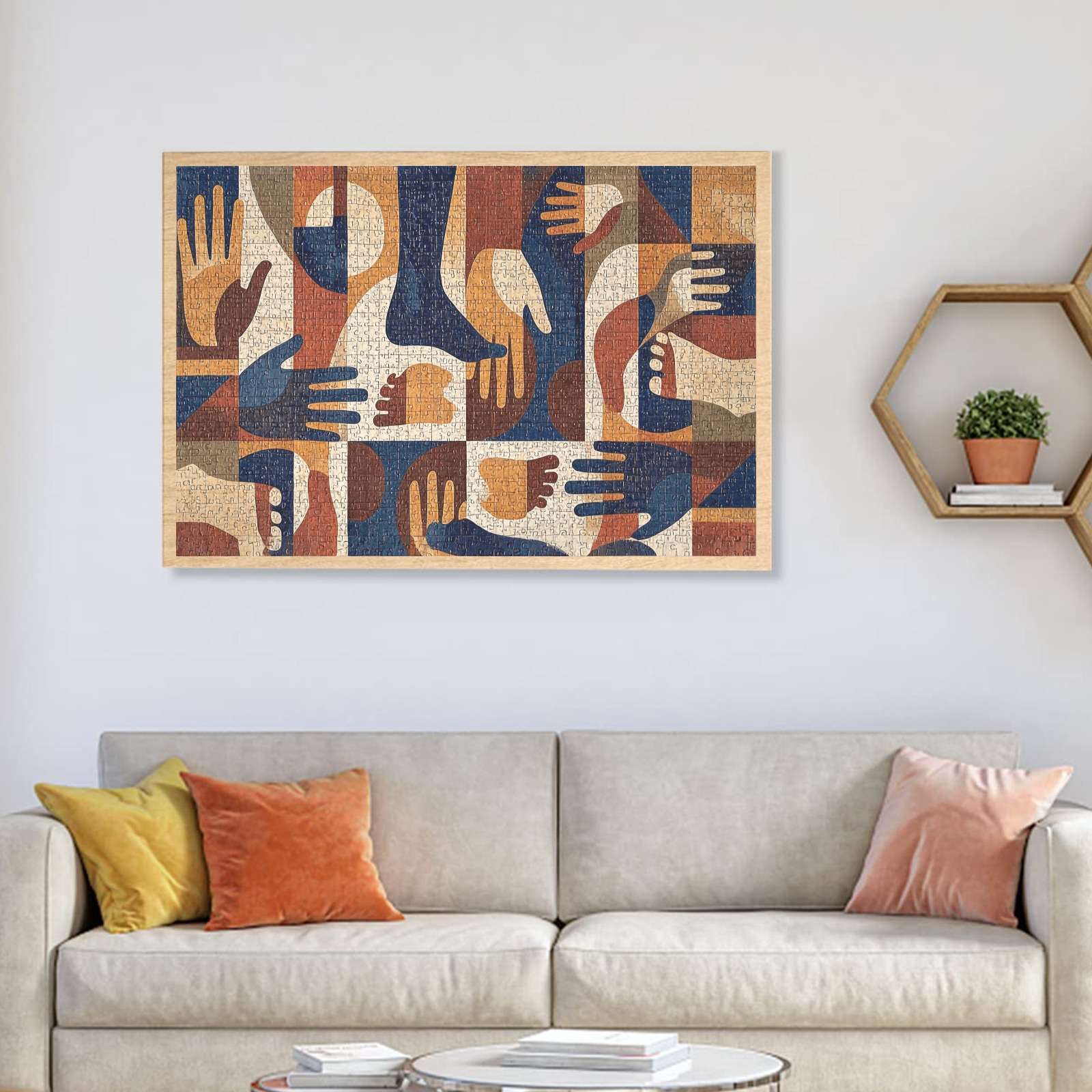 Abstract mosaic-style 1000-piece wooden puzzle featuring repeated colorful hand forms — rear view