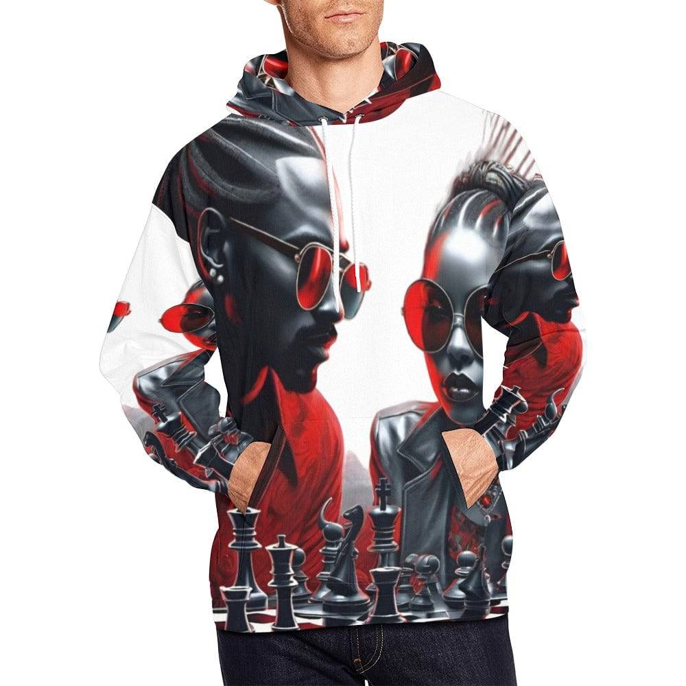 R&RH Men's White Chess Game All Over Print Hoodie front view