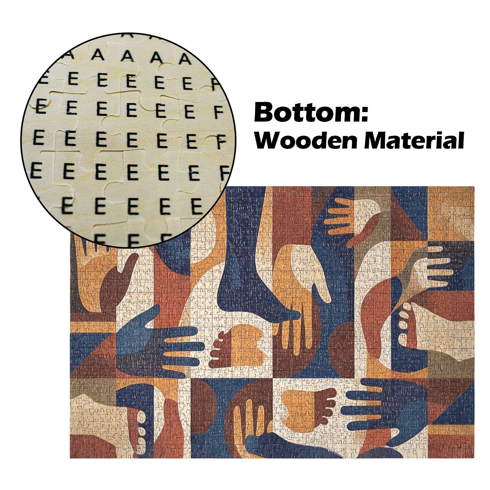 Abstract mosaic-style 1000-piece wooden puzzle featuring repeated colorful hand forms — side view
