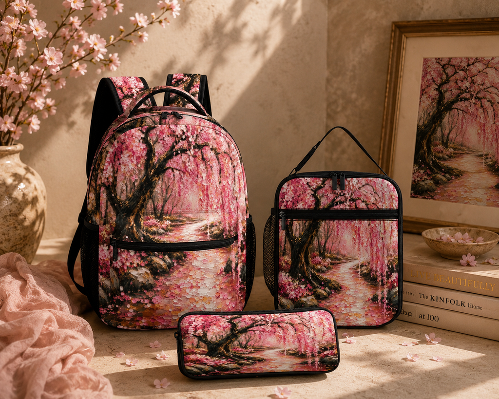 Japanese Cherry Blossom Three Piece Combination Backpack Set