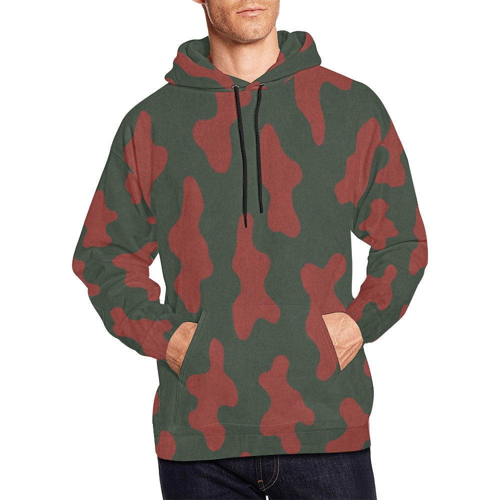 Rich and Rich Men's Red Camo Hoodie front view with kangaroo pocket and red camouflage print