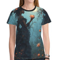 Witch Halloween graphic all-over print women's t-shirt in black with colorful design