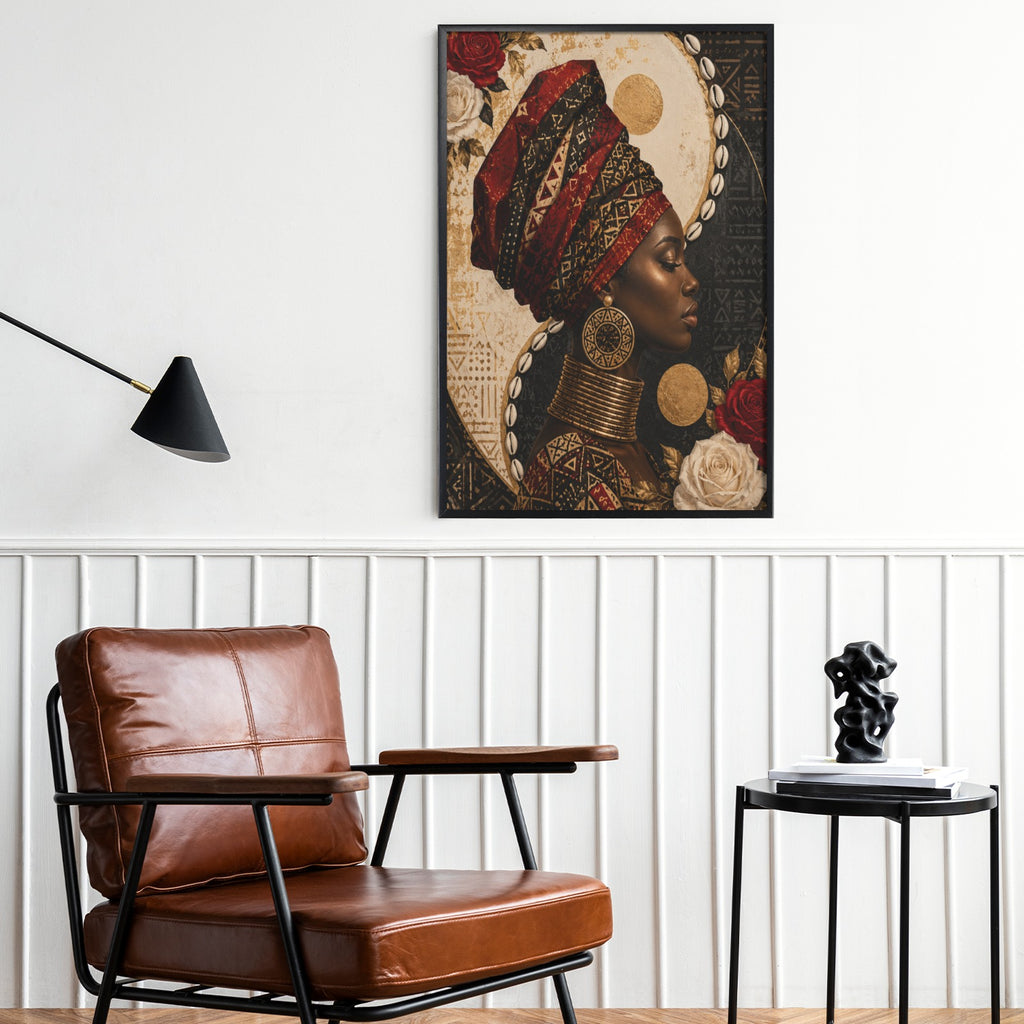 Black framed canvas art print hanging in modern living room above leather armchair