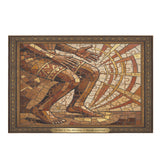 Horizontal wooden mosaic puzzle showing close‑up abstract hands and feet in warm brown and rust tones