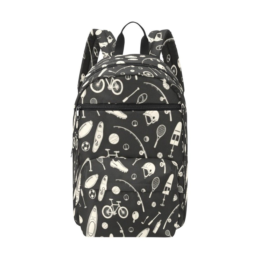 Travel backpack with sport-inspired artwork, padded laptop sleeve and multiple exterior pockets — side view