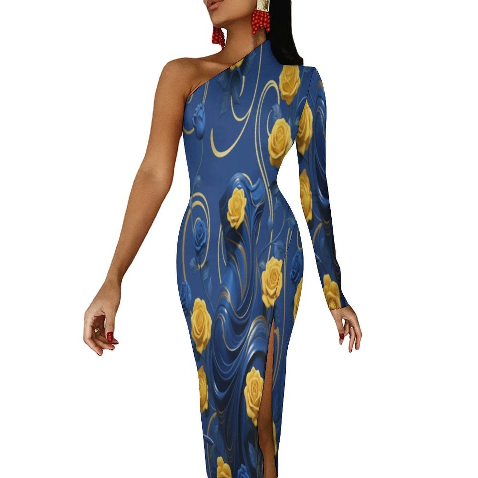 One-shoulder maxi dress with yellow and blue roses print and padded shoulder detail — alternate view