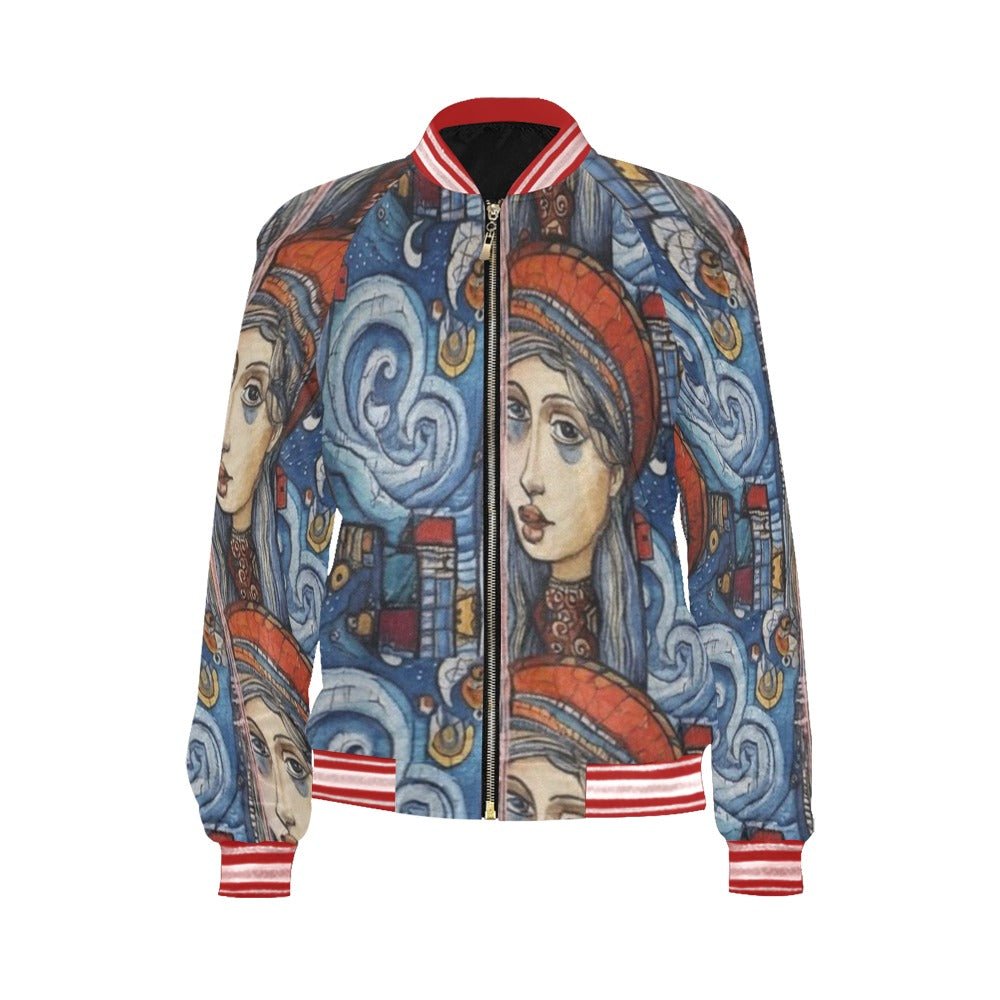 Women's whimsical blue bomber jacket with all-over print, ribbed collar and zip front — alternate view