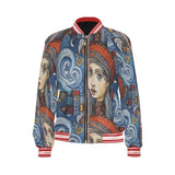 Women's whimsical blue bomber jacket with all-over print, ribbed collar and zip front — alternate view