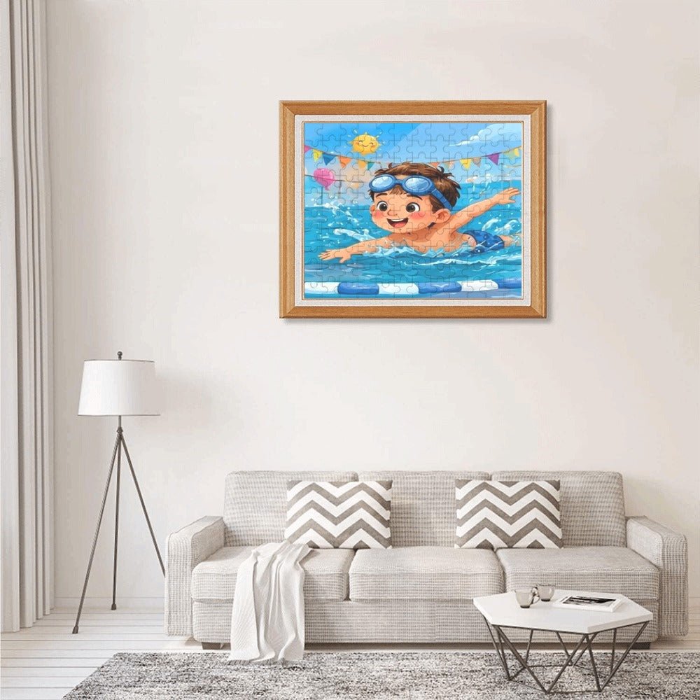 120-piece wooden jigsaw puzzle featuring kids swimming artwork, finished size 9.84×7.87 in — alternate view