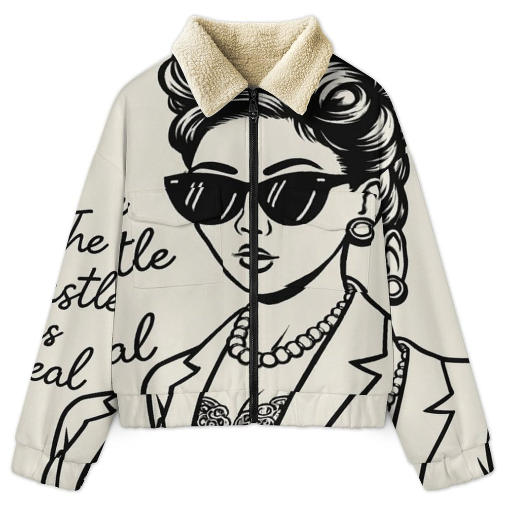 Rich and Rich The Hustle Is Real women's beige fleece jacket with patch pockets and sherpa lining