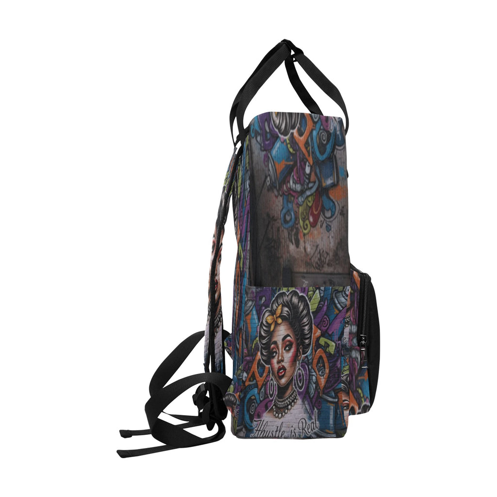 Rich and Rich The Hustle Is Real graffiti twin handle backpack in black with colorful street art design