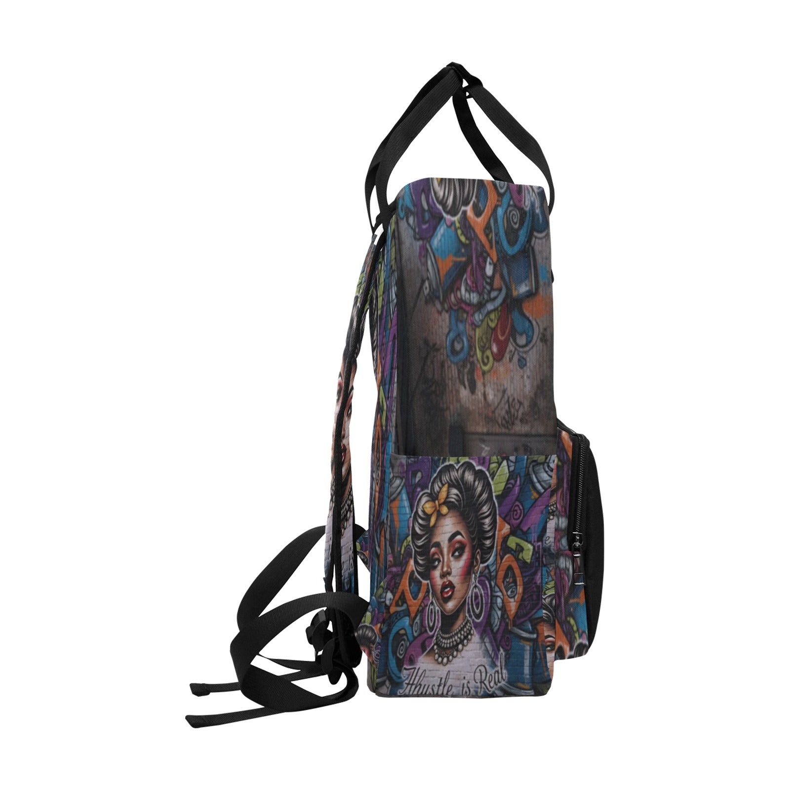 Rich and Rich The Hustle Is Real graffiti twin handle backpack in black with colorful street art design