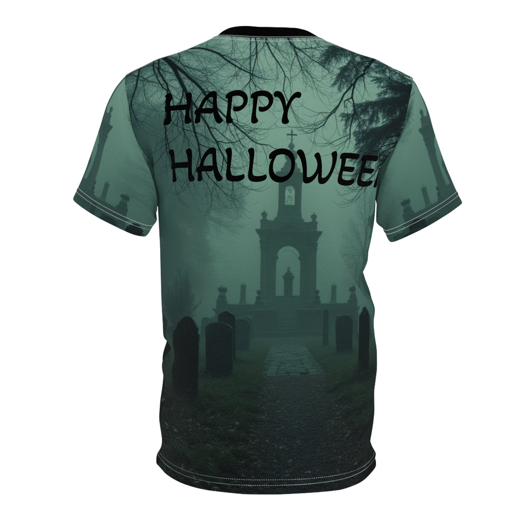 Eerie Cemetery Unisex Halloween T-shirt featuring spooky ghost and misty graveyard all-over print design